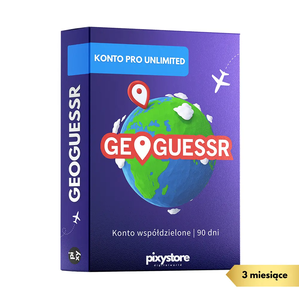 Pudełko subskrypcji GeoGuessr Pro na 3 miesiące. Widoczne logo gry, grafika ziemi z pinezką lokalizacji i samolotem oraz napis: Konto Pro Unlimited, konto współdzielone.