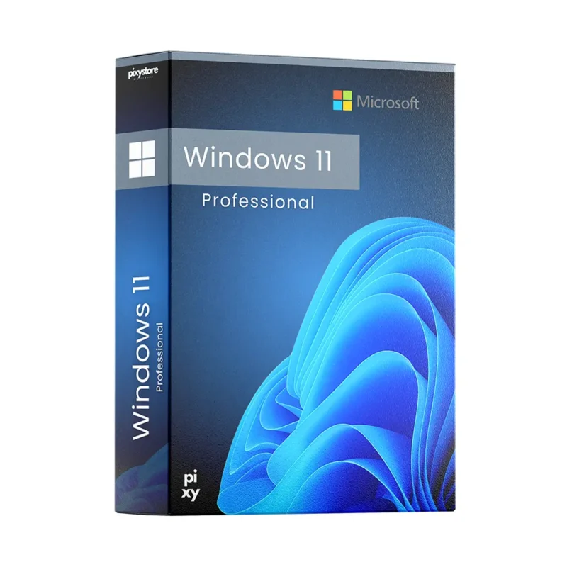 Pudełko z systemem operacyjnym Microsoft Windows 11 Professional. Widoczne logo Windows i charakterystyczna tapeta z niebieskimi falami.