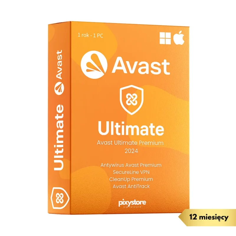 Pudełko pakietu bezpieczeństwa Avast Ultimate 2024. Wersja na 1 rok dla 1 PC. Zawiera: Antywirus, SecureLine VPN, CleanUp Premium i AntiTrack.