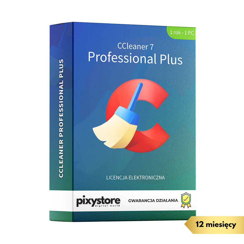 Pudełko z oprogramowaniem CCleaner 7 Professional Plus. Widoczne logo z literą C i miotełką oraz informacja o licencji elektronicznej na 1 rok dla 1 PC.
