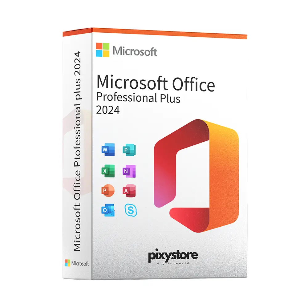 Pudełko pakietu Microsoft Office Professional Plus 2024. Widoczne logo Microsoft i ikony aplikacji: Word, Excel, PowerPoint, Outlook, OneNote, Access, Publisher oraz Skype dla firm.