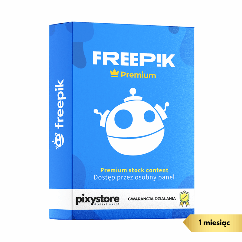 Pudełko subskrypcji Freepik Premium na 1 miesiąc. Widoczne logo Freepik z koroną oraz hasło: Premium stock content. Dostęp przez osobny panel.