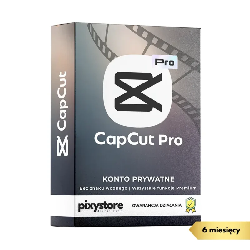 Pudełko subskrypcji CapCut Pro na 6 miesięcy. Widoczny logotyp CapCut Pro oraz informacje o braku znaku wodnego i dostępie do wszystkich funkcji Premium.