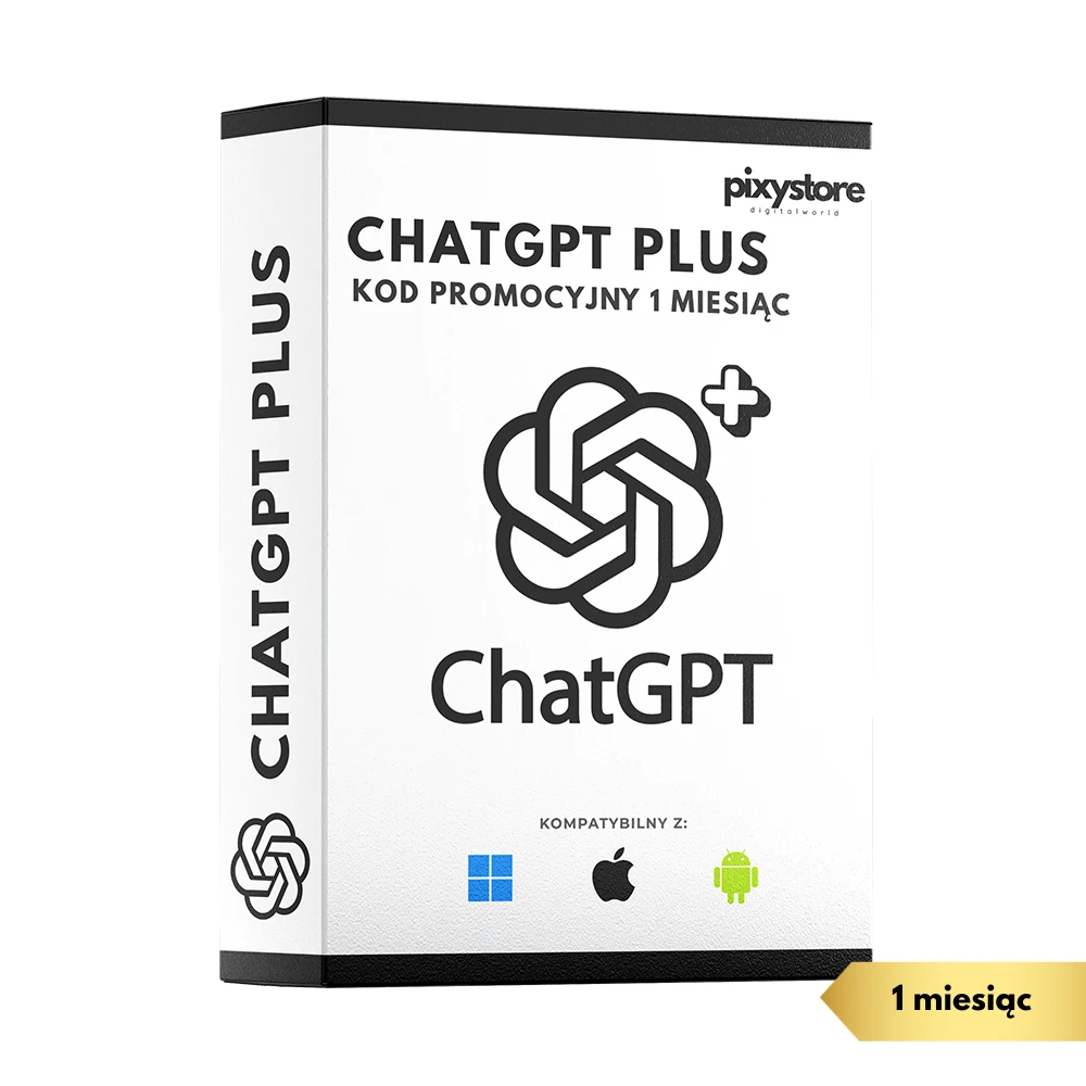 Pudełko z kodem promocyjnym ChatGPT Plus na 1 miesiąc. Widoczne logo ChatGPT i informacja o kompatybilności z systemami Windows, macOS oraz Android.