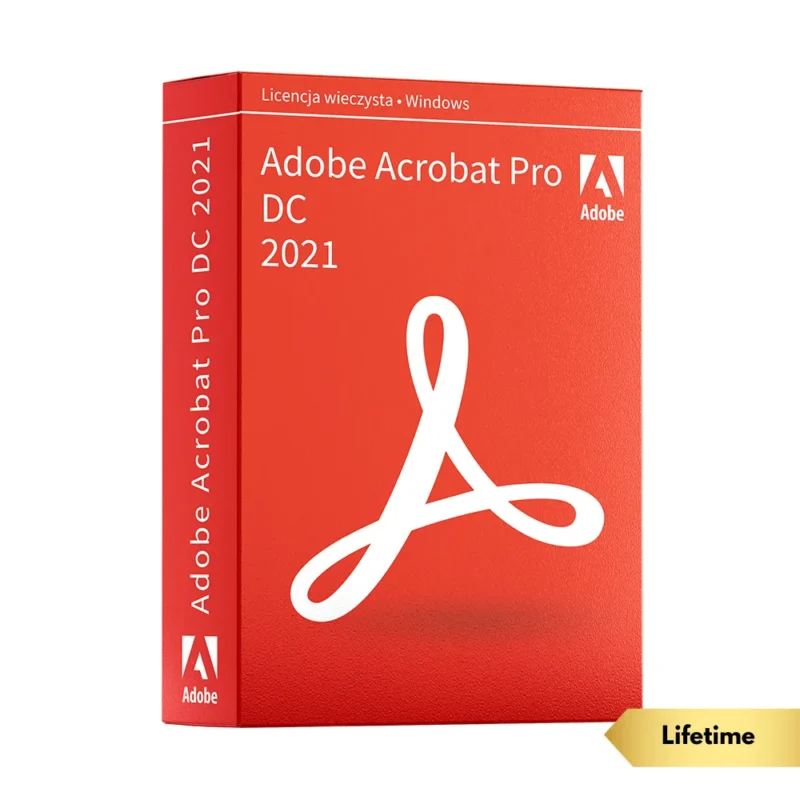 Pudełko z oprogramowaniem Adobe Acrobat Pro DC 2021. Widoczny czerwony kolor, logotyp Adobe i informacja: Licencja wieczysta Windows.