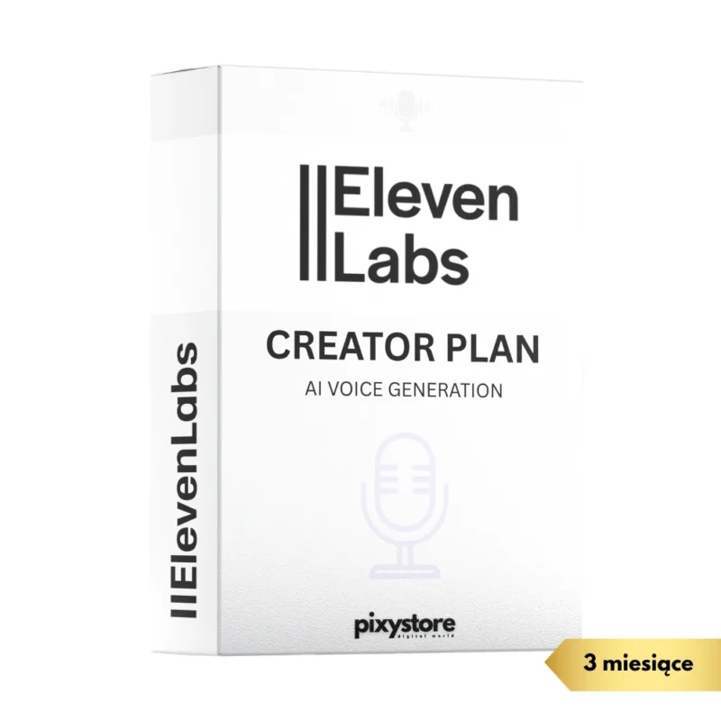 Pudełko subskrypcji ElevenLabs Creator Plan na 3 miesiące. Widoczne logo ElevenLabs, ikona mikrofonu i napis 'AI Voice Generation'.