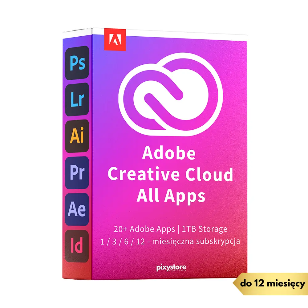Adobe Creative Cloud All Apps: 20+ aplikacji, 1TB chmury. Opcje 1, 3, 6, 12 miesięcy.