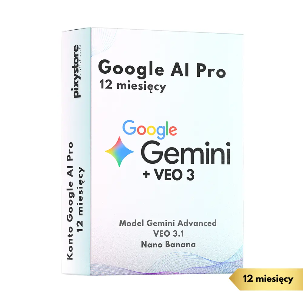 Pudełko subskrypcji Google AI Pro na 12 miesięcy. Widoczny logotyp Google Gemini oraz nazwy zaawansowanych modeli AI: Gemini Advanced, VEO 3 i Nano Banana.