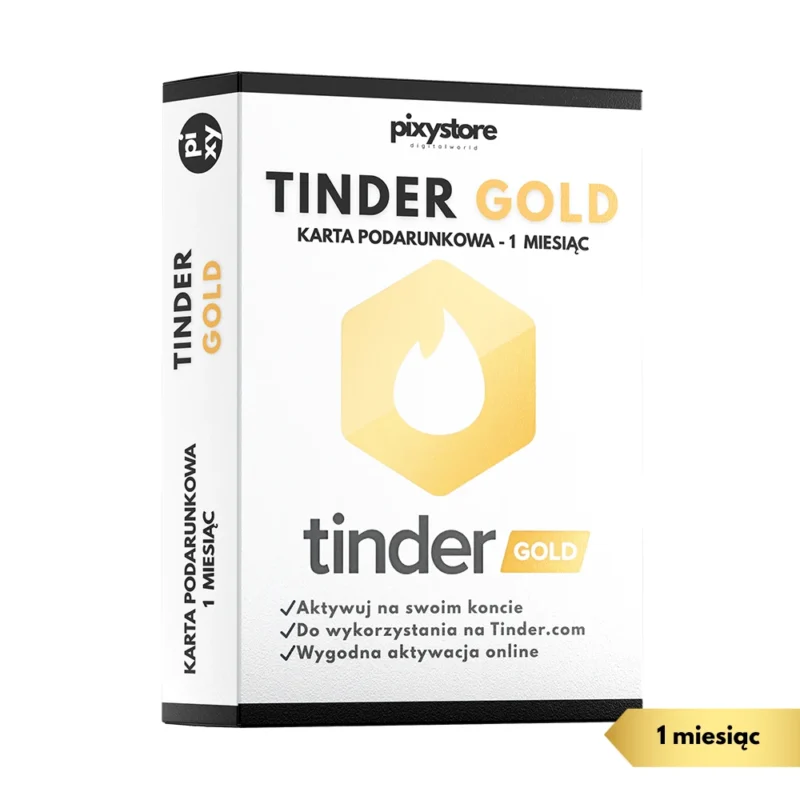 Pudełko karty podarunkowej Tinder Gold na 1 miesiąc. Widoczne logo Tinder i Gold oraz informacje: Aktywuj na swoim koncie, Do wykorzystania na Tinder.com, Wygodna aktywacja online.