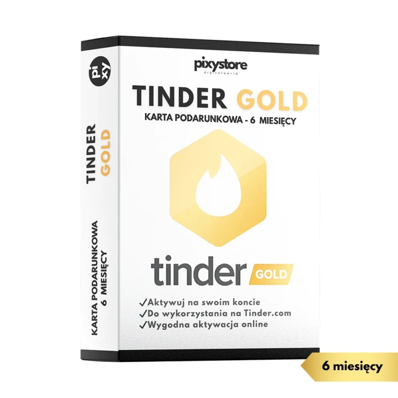 Pudełko karty podarunkowej Tinder Gold na 6 miesięcy. Widoczne logo Tinder i Gold oraz informacje: Aktywuj na swoim koncie, Do wykorzystania na Tinder.com, Wygodna aktywacja online.