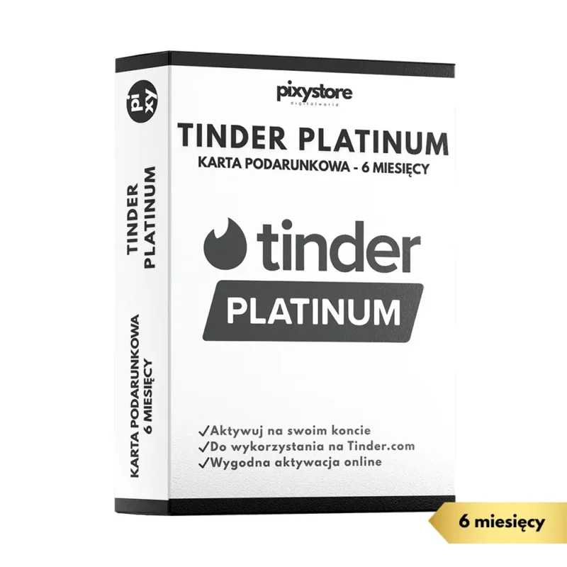 Pudełko karty podarunkowej Tinder Platinum na 6 miesięcy. Widoczne logo Tinder i Platinum oraz informacje: Aktywuj na swoim koncie, Do wykorzystania na Tinder.com, Wygodna aktywacja online.