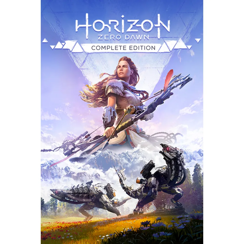 Horizon Zero Dawn Complete Edition – okładka gry RPG z Aloy i mechanicznymi maszynami