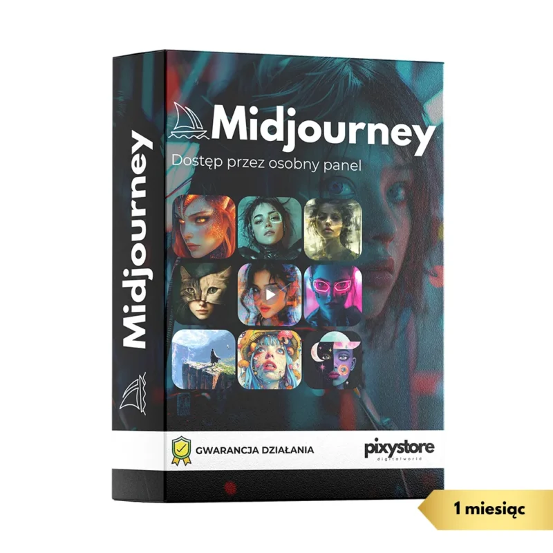 Limonkowe pudełko subskrypcji Midjourney na 1 miesiąc. Na froncie widnieje czarny napis Midjourney AI, informacja Prywatny dostęp oraz Dostęp przez osobny panel. W dolnej części widoczny jest certyfikat Gwarancja Działania.