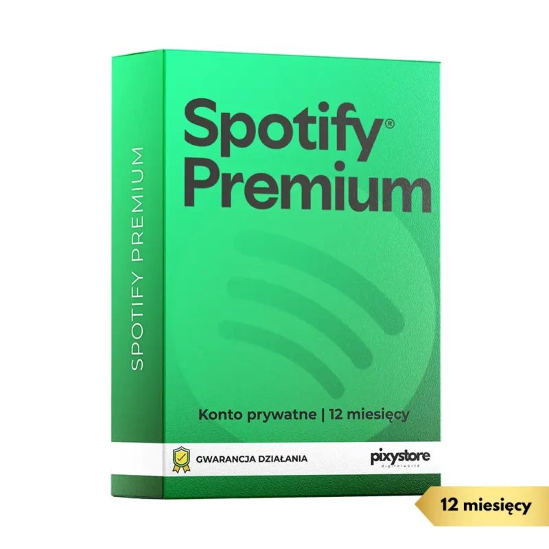 Zielone pudełko subskrypcji Spotify Premium. Na froncie widoczny czarny napis Spotify Premium oraz informacja: Konto prywatne | 12 miesięcy. W dolnej części pudełka znajduje się certyfikat Gwarancja Działania oraz logo sklepu Pixystore.