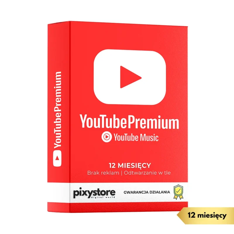 Pudełko subskrypcji YouTube Premium na 12 miesięcy. Czerwone tło z białym logo YouTube. Widoczne informacje: YouTube Premium, YouTube Music, 12 MIESIĘCY, Brak reklam | Odtwarzanie w tle oraz Gwarancja Działania.